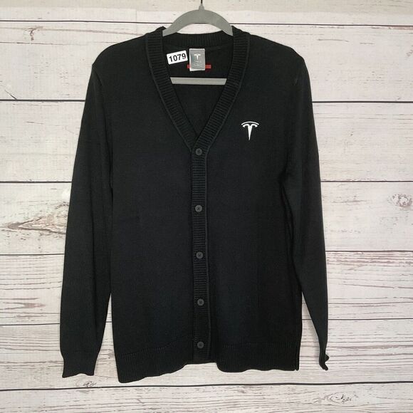 Tesla Men’s Size Medium M V-Neck Cardigan Button Sweater in Black Embroidered - Picture 2 of 11